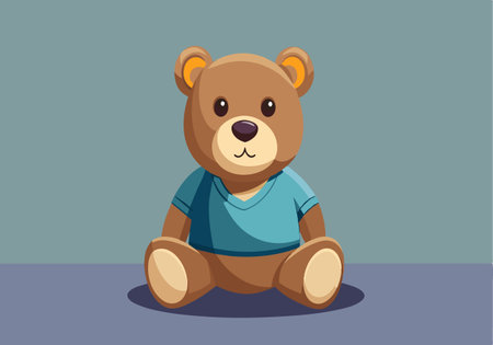A teddy bear is sitting on a blue shirt. The bear is smiling and looking at the cameraのイラスト素材