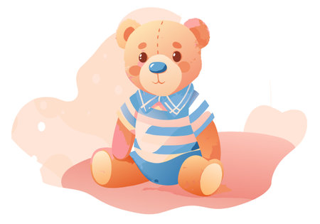 A teddy bear is sitting on a pink surface with a blue striped shirtのイラスト素材