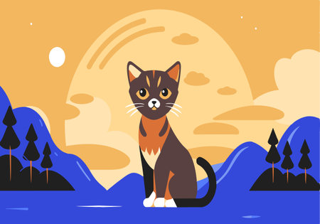 A cat is sitting on a hillside by a body of water. The sky is orange and the moon is visible in the backgroundのイラスト素材