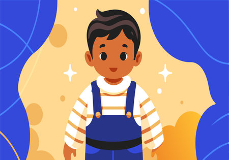 A cartoon boy with a smile on his face. He is wearing a blue shirt and blue overallsのイラスト素材