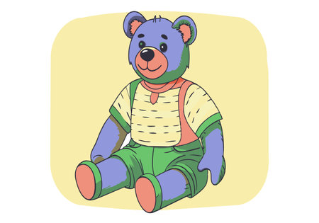 A teddy bear is sitting on a yellow background. The bear is wearing a green shirt and green shortsのイラスト素材