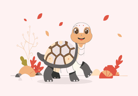 A cartoon turtle is walking through a forest with leaves on the ground. The turtle is smiling and he is happyのイラスト素材