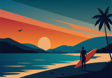 A man is standing on a beach holding a surfboard. The sky is orange and the water is calmのイラスト素材