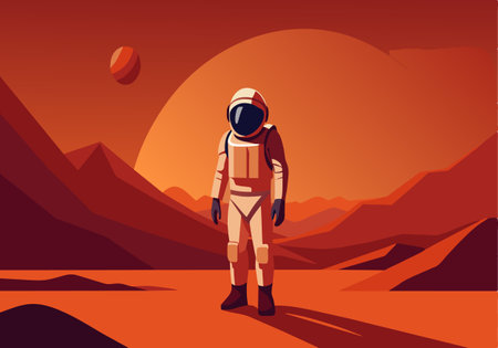 A man in a space suit stands on a red planet. The planet is surrounded by mountains and a large, orange moon. The man is alone and looking up at the sky. The scene gives off a sense of isolationのイラスト素材