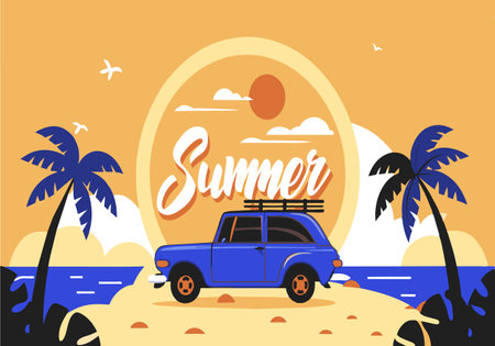 A blue car is parked on a beach with palm trees in the background. The car is on a surfboard rack, and the words "Summer" are written in a cursive font. Concept of relaxation and leisureのイラスト素材