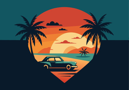 A car is parked on a beach near a palm tree. The sky is orange and the sun is settingのイラスト素材