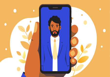 A man is holding a cell phone with a blue screen showing a picture of a man. The man is wearing a suit and tieのイラスト素材