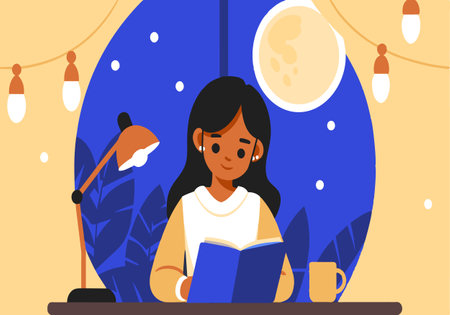 A woman is reading a book in a dimly lit roomのイラスト素材