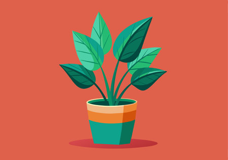 A green plant in a green pot sits on a red background. The plant is the main focus of the image, and the red background adds a pop of color and contrast. Concept of freshness and vitalityのイラスト素材