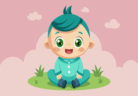 A baby is sitting in a grassy field with a smile on his face. The scene is peaceful and serene, with the baby enjoying the outdoorsのイラスト素材