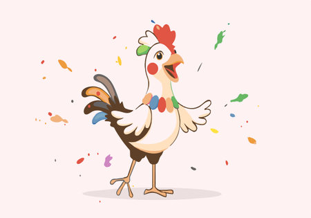 A colorful chicken is standing on a white background with a rainbow of colors. The chicken is wearing a colorful outfit and he is happy and excitedのイラスト素材