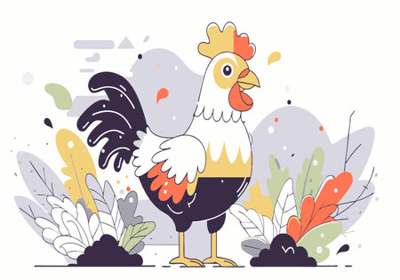 A cartoon chicken is standing in a field of flowers. The chicken is wearing a crown and has a happy expression on its face. The flowers are scattered around the chicken, creating a colorfulのイラスト素材