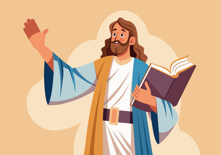 A man with a beard and a blue and white robe is holding a book. He is looking up at the skyのイラスト素材