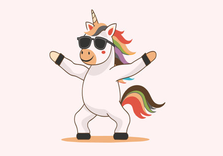 A cartoon unicorn is wearing sunglasses and dancing. Scene is fun and lightheartedのイラスト素材