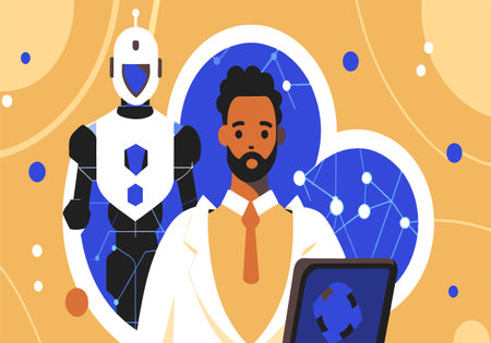 A man is standing in front of a robot. The robot is white and has a blue face. The man is wearing a white lab coat and a yellow tie. Concept of innovation and technologyのイラスト素材