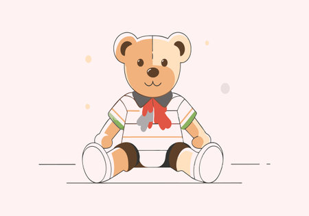 A teddy bear is sitting on a table with a red scarf around its neck. The bear is wearing a white shirt and shortsのイラスト素材