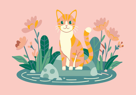 A cat is sitting on a rock in front of a pond with flowers. The cat is smiling and looking at the camera. The scene is peaceful and serene, with the cat being the main focus of the imageのイラスト素材