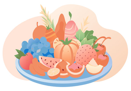 A blue plate with a variety of fruits and vegetables. The plate is filled with apples, oranges, bananas, and strawberriesのイラスト素材