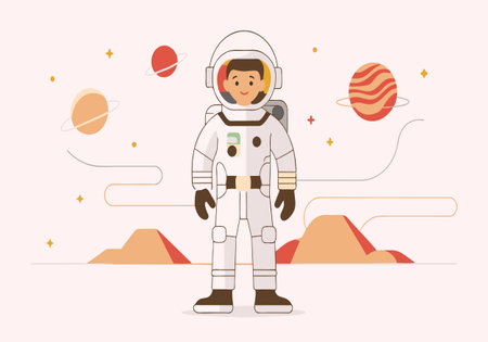 A cartoon astronaut is standing in front of a mountain range. The astronaut is smiling and he is happy. The scene is set in space, with a few planets visible in the backgroundのイラスト素材