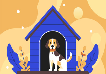A dog is sitting in a blue dog houseのイラスト素材