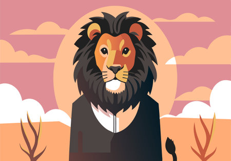 A lion wearing a white shirt and black pants is standing in front of a sunset. The image has a warm and peaceful mood, with the lion being the main focus of the sceneのイラスト素材