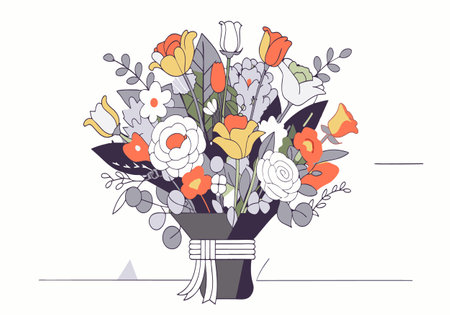 A bouquet of flowers in a vase with a white background. The flowers are of various colors and sizes, and the vase is black. Scene is cheerful and bright, as the flowers are vibrant and livelyのイラスト素材