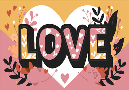 A heart-shaped sign with the word LOVE written in a flowery font. The sign is pink and yellow, and it conveys a sense of love and affectionのイラスト素材