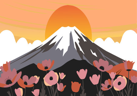 A mountain with a sun in the background and flowers in the foreground. The sun is setting and the mountain is covered in snowのイラスト素材