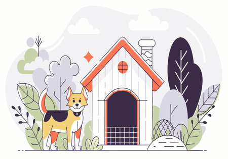 A dog is standing in front of a house with a fence. The dog is wearing a collarのイラスト素材