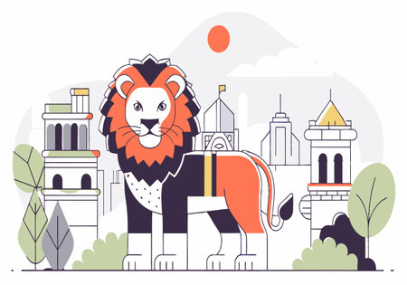 A lion stands in front of a city with a sun in the sky. The lion is looking at the camera with a fierce expressionのイラスト素材