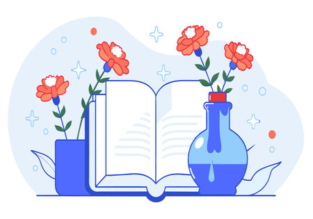 A book is open to a page with a vase of flowers and a cup of water. The scene is peaceful and calming, with the flowersのイラスト素材