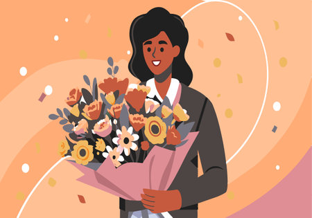 A woman is holding a bouquet of flowers. She is smiling and she is happy. The flowers are colorful and arranged in a vase. Concept of joy and celebration, possibly for a special occasion or eventのイラスト素材