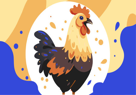 A cartoon chicken with a red beak is standing in front of a blue background. The chicken is surrounded by a splash of blue and yellow, giving the image a playful and whimsical feelのイラスト素材