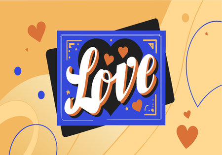 A blue and orange card with the word LOVE written in cursive letters. The card is surrounded by hearts and has a black borderのイラスト素材