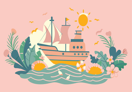 A colorful drawing of a boat on the water with a sun in the sky. The boat is surrounded by flowers and plants, giving the scene a peaceful and serene atmosphereのイラスト素材