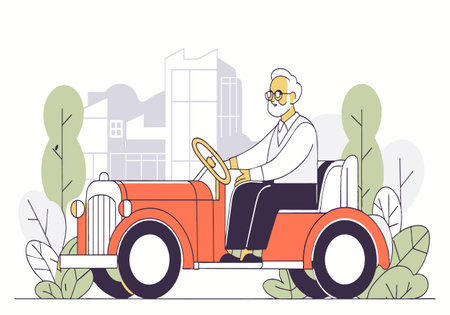 An old man is driving a red car with a steering wheel. The car is parked in a city with buildings in the background. The man is wearing glasses and a white shirtのイラスト素材
