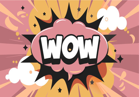 A cartoonish drawing of a big explosion with the word WOW written in the middle. The explosion is surrounded by stars and clouds, giving the impression of a powerful and energetic forceのイラスト素材