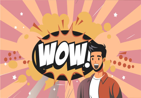 A man is standing in front of a big WOW sign. The sign is surrounded by a lot of bright colors and has a lot of energy. The man is smiling and seems to be excited about somethingのイラスト素材