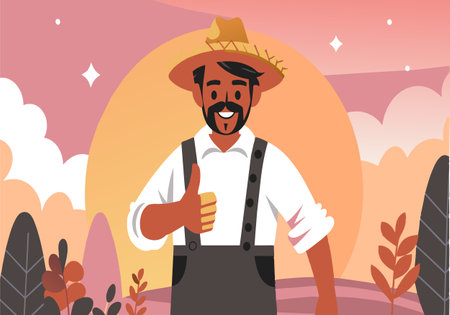 A man in a straw hat is giving a thumbs up. The image has a bright orange and pink background, giving it a warm and cheerful moodのイラスト素材
