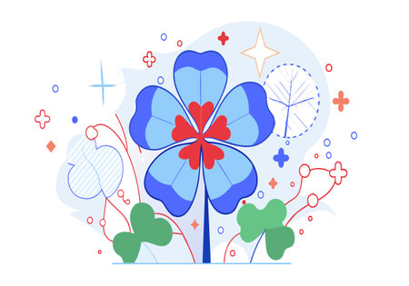 A flower with four petals and a red heart in the middle. The flower is surrounded by a bunch of green leavesのイラスト素材