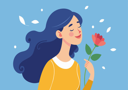 A woman is holding a flower and smiling. The flower is pink and the woman is wearing a yellow shirt. Concept of happiness and positivityのイラスト素材