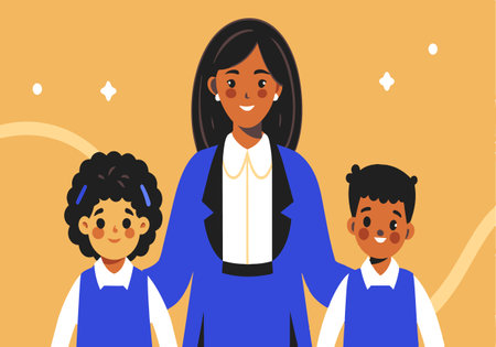 A woman is holding her two children, one of whom is wearing a blue shirt. Concept of warmth and love between the mother and her childrenのイラスト素材