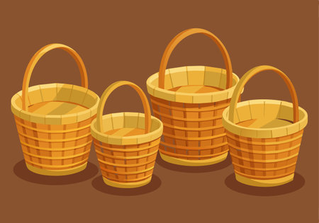 Four baskets of different sizes are shown in a row. The baskets are made of wood and have handles. The scene is set on a brown backgroundのイラスト素材