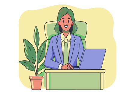 A woman in a suit is sitting at a desk with a laptop. She is smiling and she is happyのイラスト素材