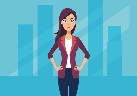 A woman in a business suit stands in front of a city skyline. She is wearing a white shirt and a red jacketのイラスト素材