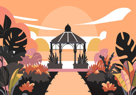 A garden with a gazebo and a path leading to it. The gazebo is surrounded by trees and flowersのイラスト素材