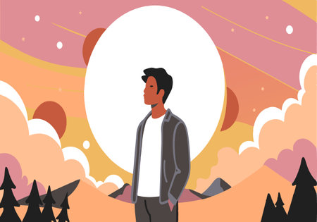 A man stands in front of a large moon. The sky is orange and the man is wearing a jacketのイラスト素材