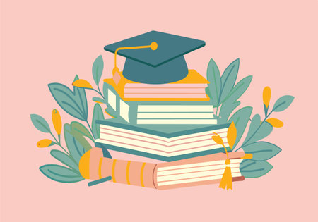 A stack of books with a cap on top of them. The books are arranged in a way that they look like they are on top of each other. Concept of education and achievementのイラスト素材