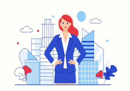 A woman in a blue suit stands in front of a city skyline. She is confident and poised, with her hands on her hips. Concept of power and success, as the woman is dressed professionallyのイラスト素材