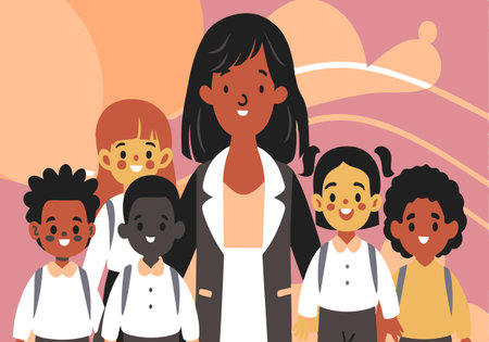 A group of children are standing in a line with a woman in the middle. The children are smiling and the woman is smiling as wellのイラスト素材